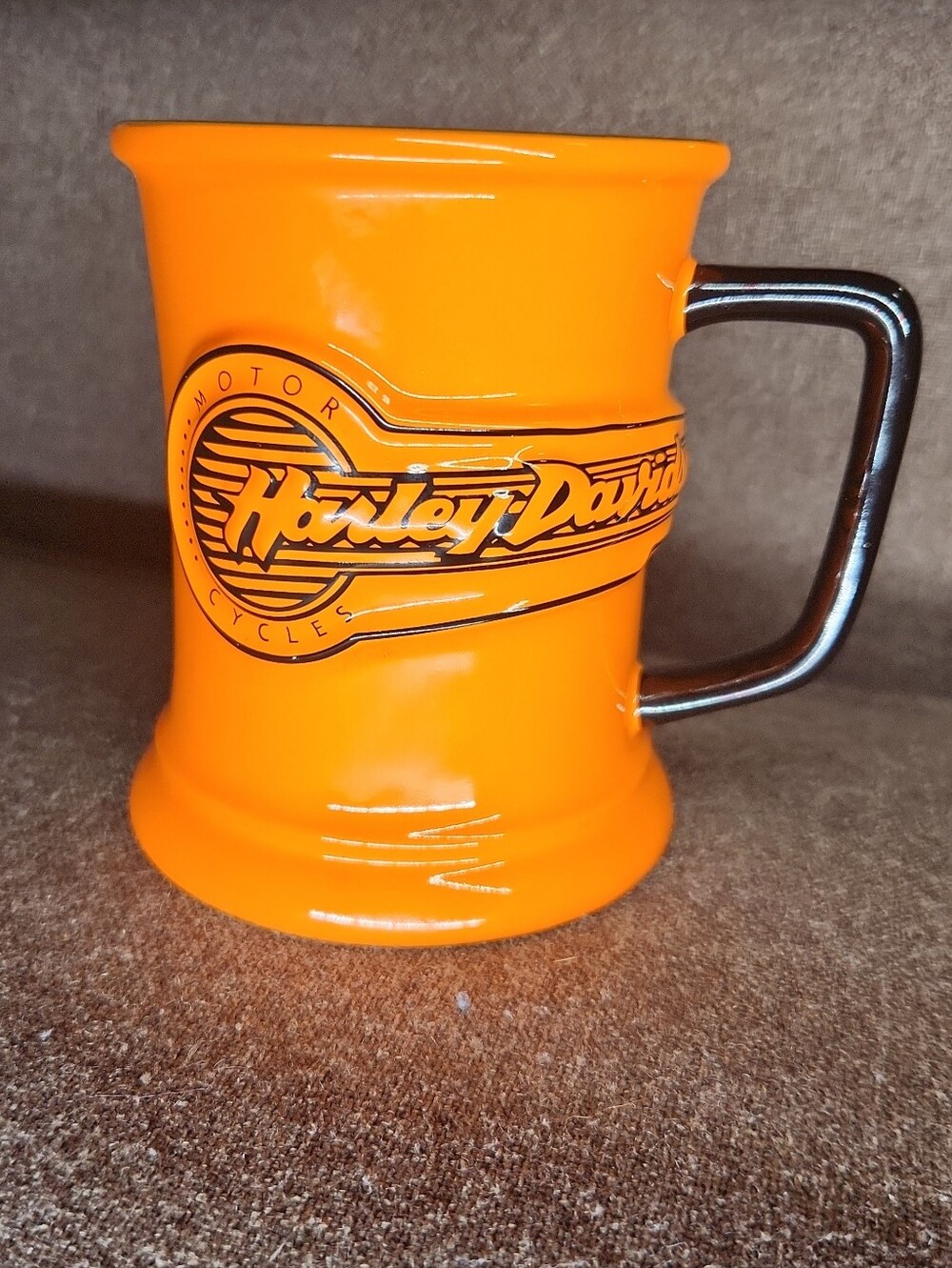 Harley-Davidson Bright Orange Ceramic Mug with Black Handle and Logo